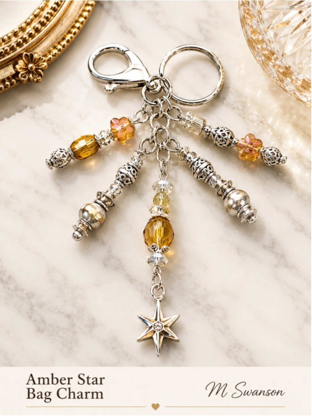 NEW One-of-a-Kind Amber Star Handmade Beaded Bag Charm Keychain (#13)